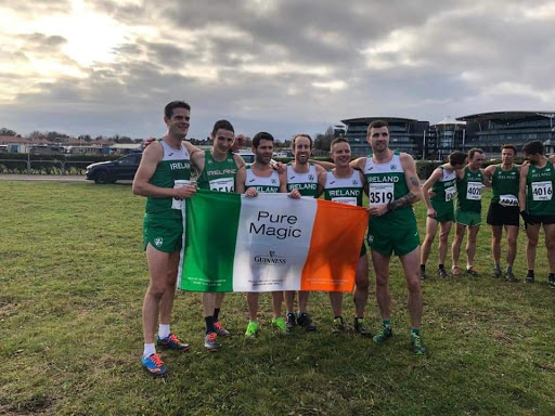 Pierce, pictured here 3rd from the right, representing Ireland at the British and Irish XC International event in Aintree